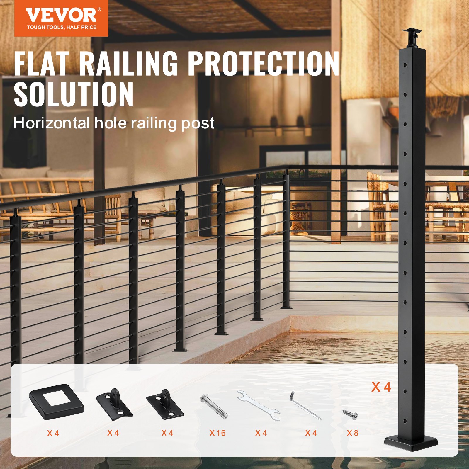 VEVOR cable railing post for flat railing protection by the indoor pool, includes installation hardware.