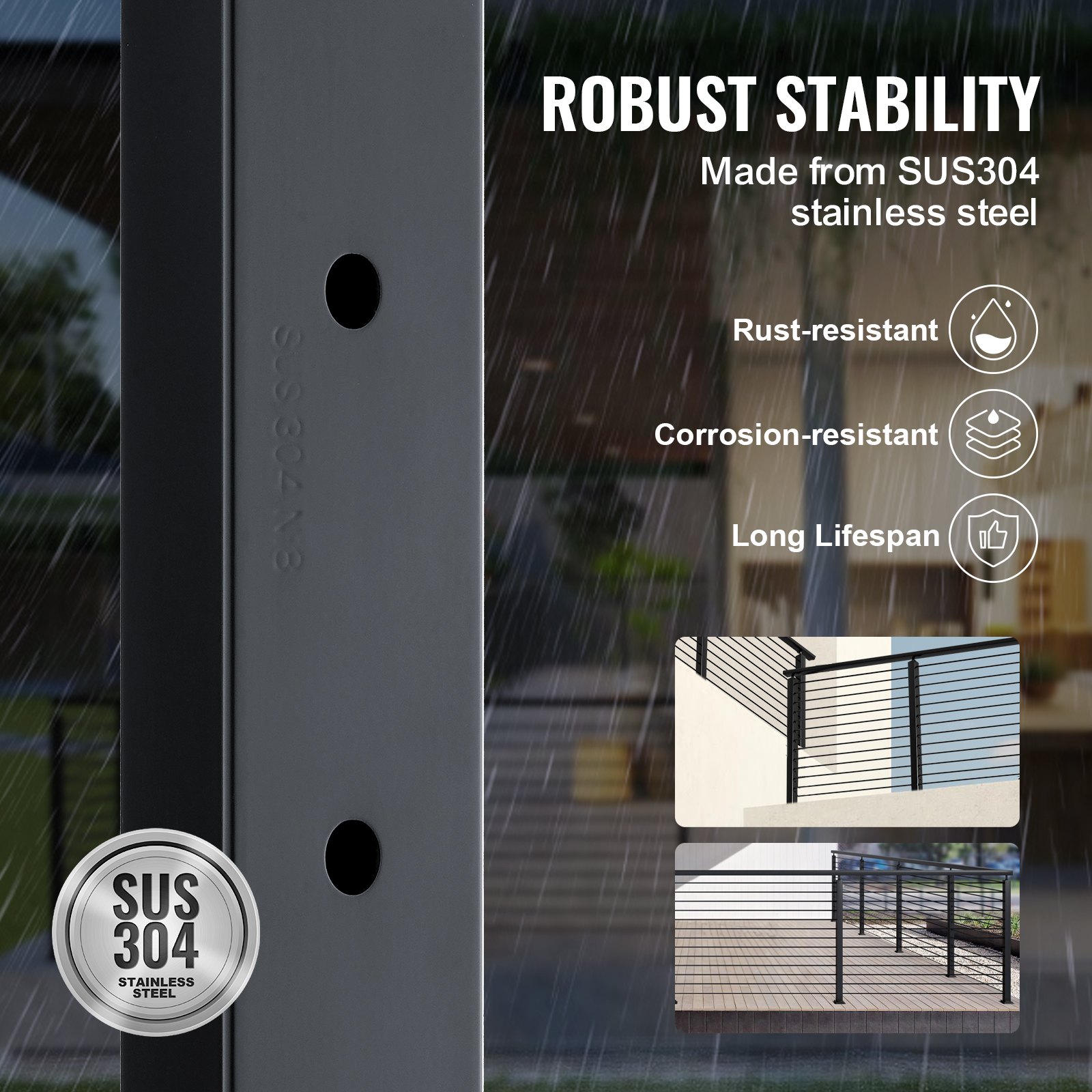 VEVOR cable railing post made from sus304 stainless steel, highlighting rust and corrosion resistance.