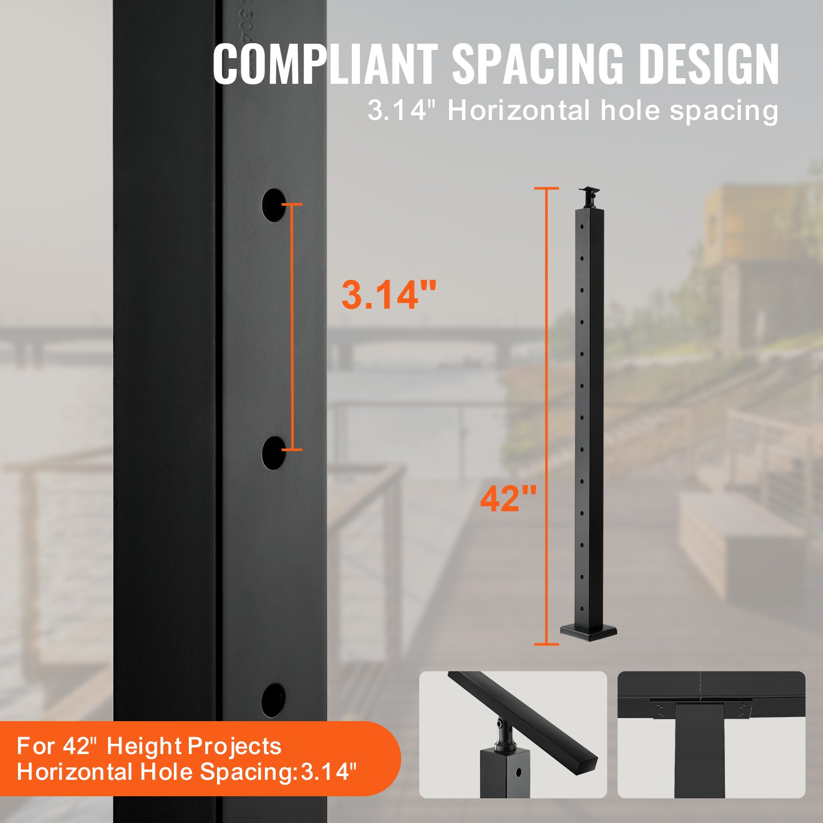 VEVOR cable railing post with 3.14&quot; horizontal hole spacing and 42&quot; height for compliant spacing design.