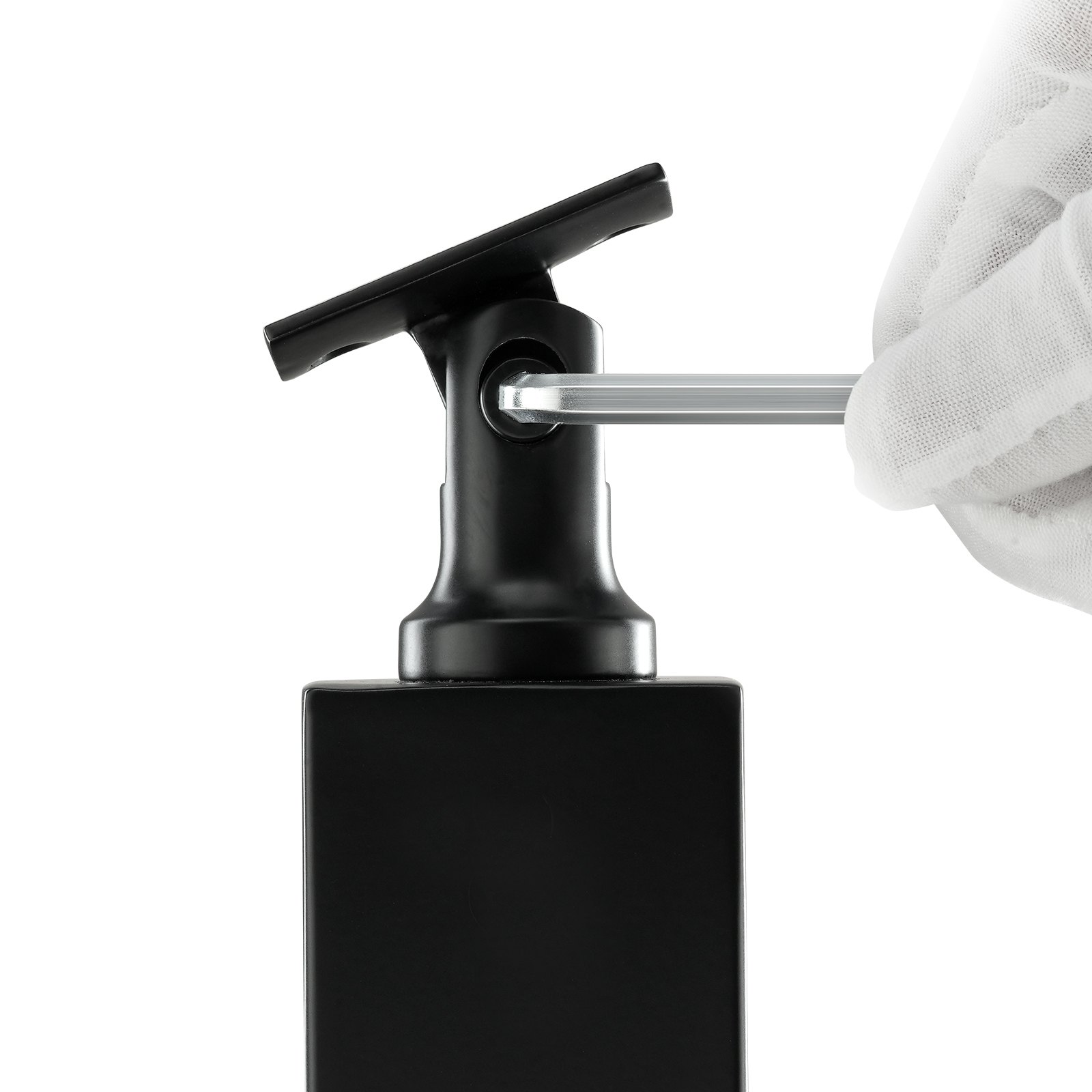 gloved hand tightening a screw on a black VEVOR cable railing post with a hex key.