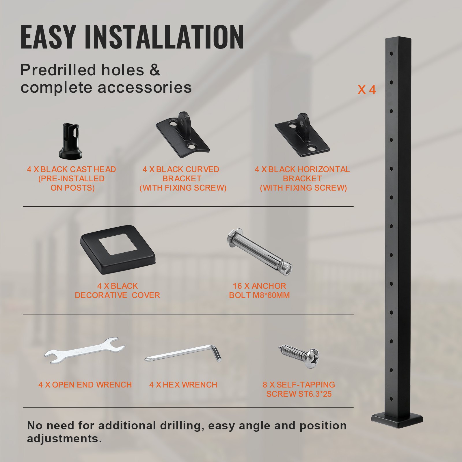VEVOR 4-Pack Cable Railing Post, 42" x 2" x 2" Steel Horizontal Hole Deck Railing Post, 13 Pre-Drilled Holes, SUS304 Stainless Steel Cable Rail Post with Horizontal and Curved 4JZLGZ106755EAEN9V0