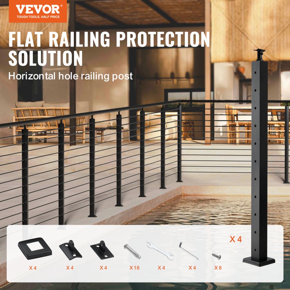 VEVOR cable railing post, flat railing protection solution by the poolside with installation tools.