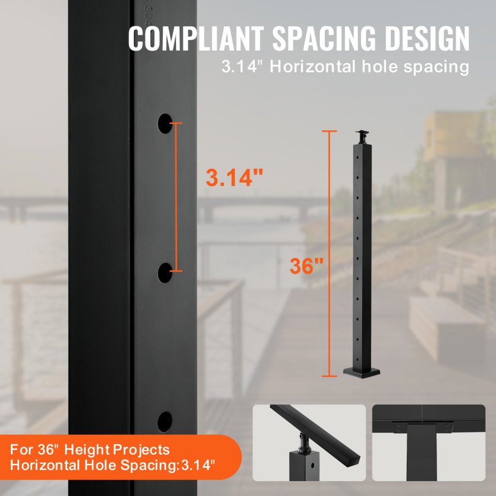 VEVOR cable railing post with 36&quot; height and 3.14&quot; horizontal hole spacing for deck projects.