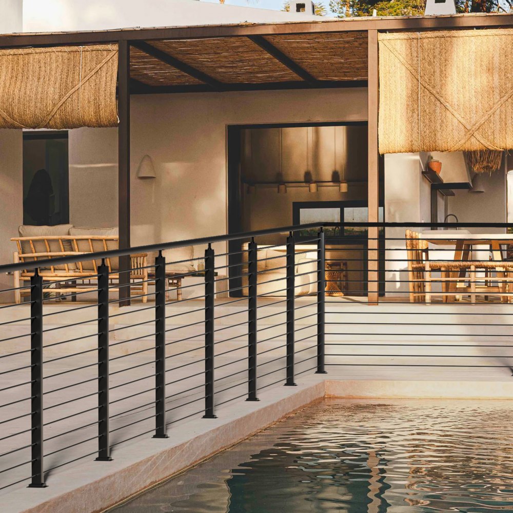 VEVOR black metal poolside railing with modern backyard patio.