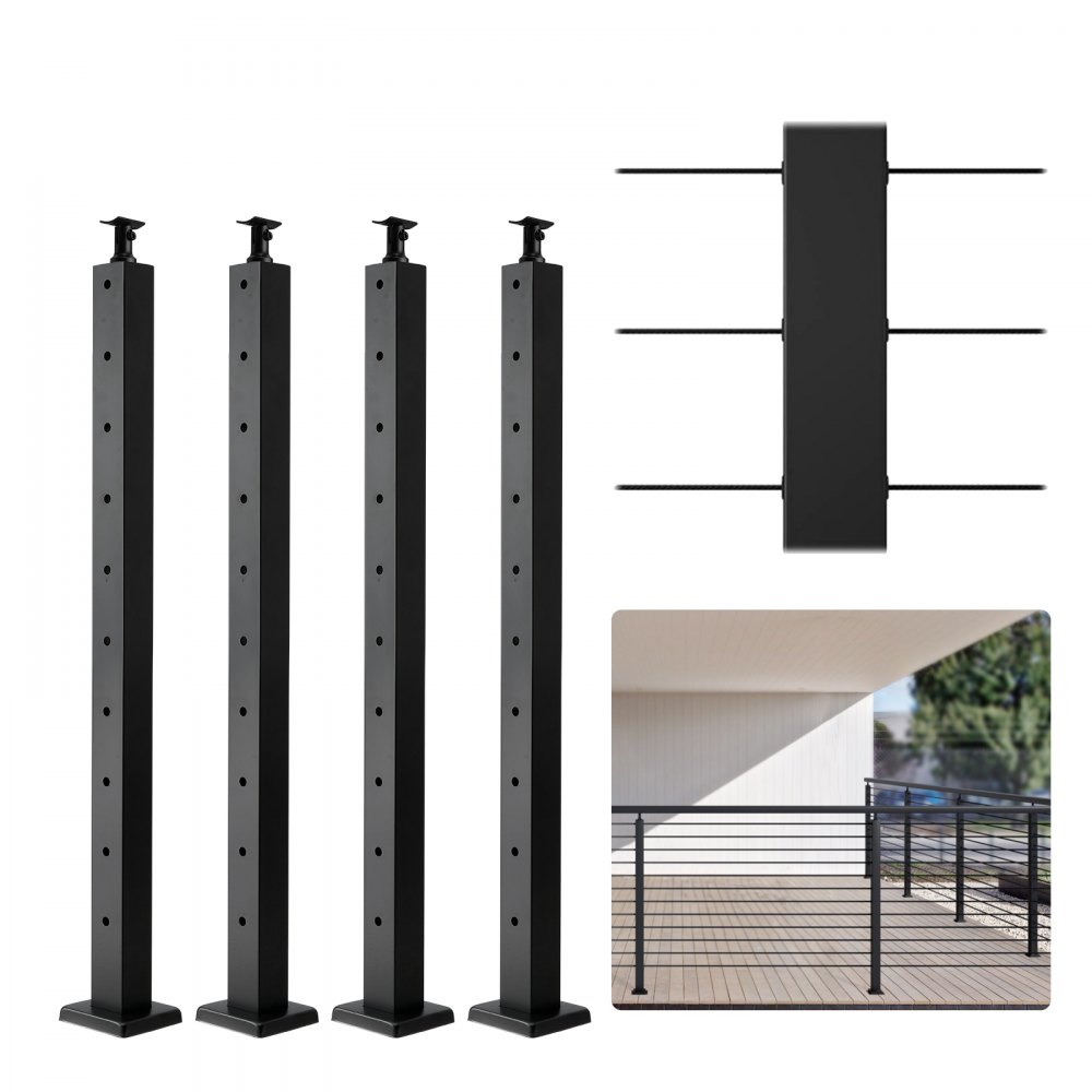 four black VEVOR cable railing post with holes, wire slots, and a railing system mounted on a wooden deck.