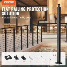 VEVOR 4-Pack Cable Railing Post, 42" x 1" x 2" Steel Horizontal Hole Deck Railing Post, 12 Pre-Drilled Holes, SUS304 Stainless Steel Cable Rail Post with Horizontal and Curved Bracket, Black , 106.7*2.5*5 cm