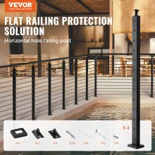 VEVOR 4-Pack Cable Railing Post, 42" x 1" x 2" Steel Horizontal Hole Deck Railing Post, 12 Pre-Drilled Holes, SUS304 Stainless Steel Cable Rail Post with Horizontal and Curved Bracket, Black