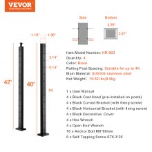 VEVOR 4-Pack Cable Railing Post, 42" x 1" x 2" Steel Horizontal Hole Deck Railing Post, 12 Pre-Drilled Holes, SUS304 Stainless Steel Cable Rail Post with Horizontal and Curved Bracket, Black