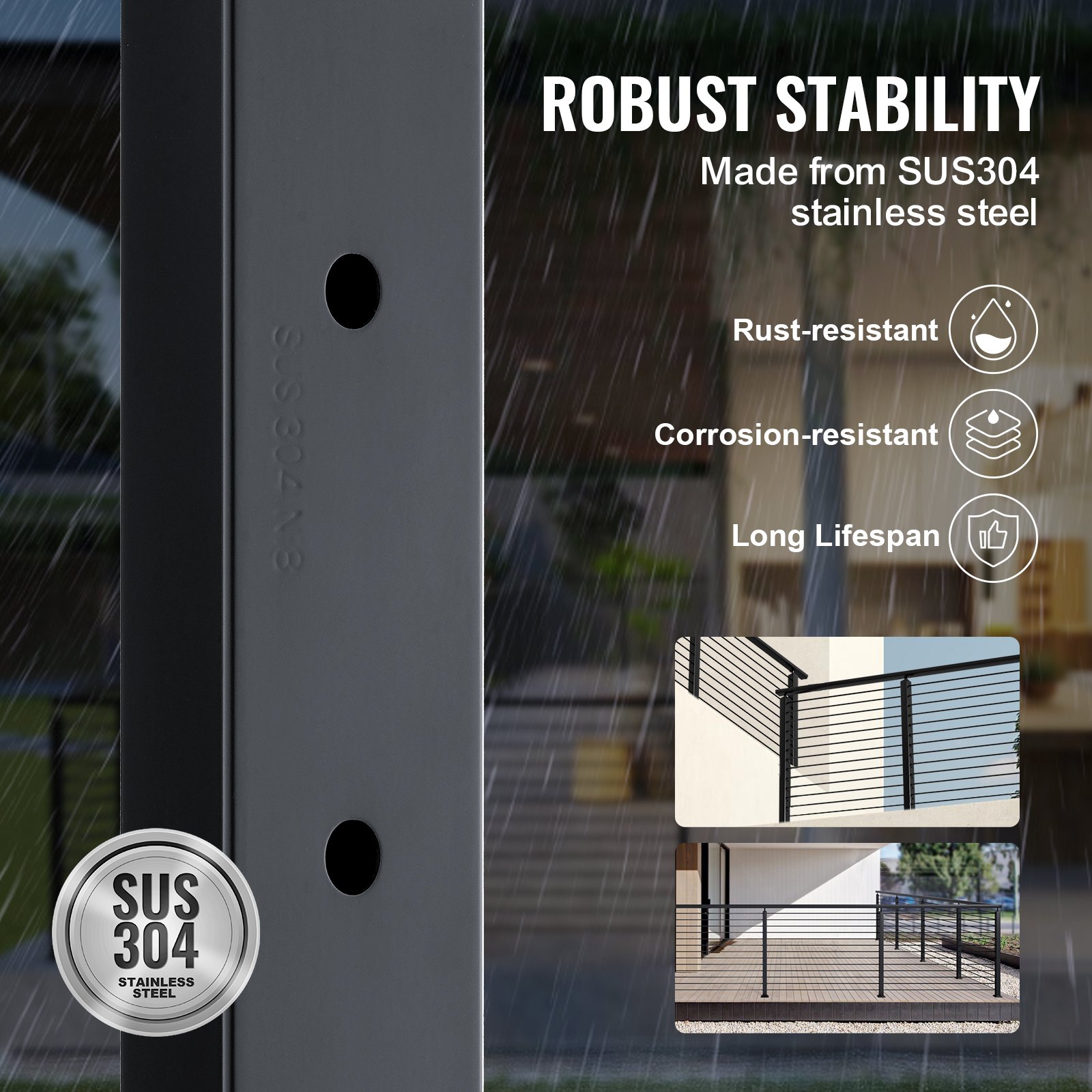 VEVOR cable railing post: durable sus304 stainless steel, rust-resistant, corrosion-resistant, long lifespan.