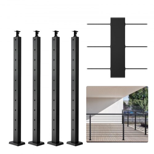 VEVOR Cable Railing Post 36 in. x 2 in. x 2 in. Steel Horizontal Hole Deck Railing Post with Horizontal and Curved Bracket