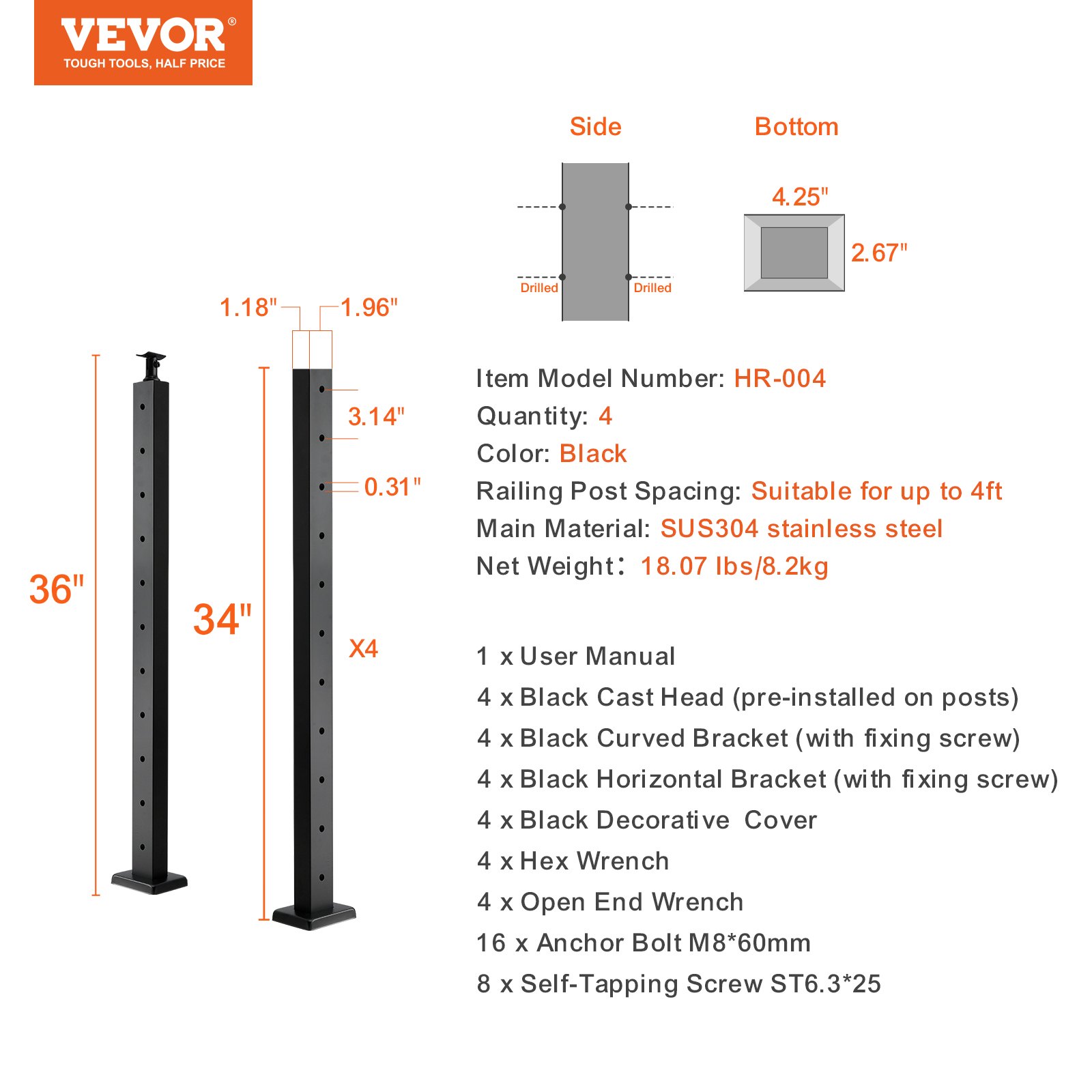VEVOR 4-Pack Cable Railing Post, 36" x 1" x 2" Steel Horizontal Hole Deck Railing Post, 10 Pre-Drilled Holes, SUS304 Stainless Steel Cable Rail Post with Horizontal and Curved Bracket, Black, 91.4*2.5*5 cm