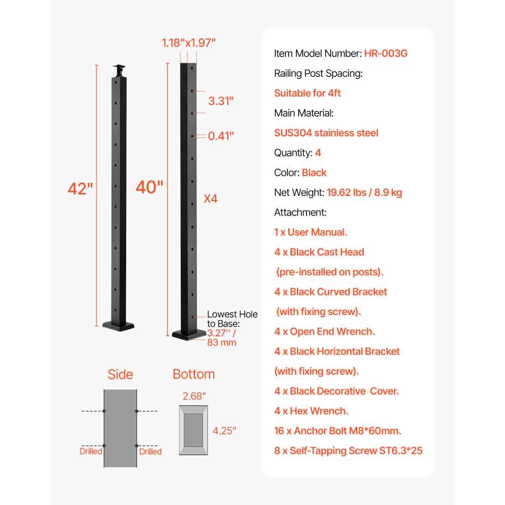 VEVOR 4-Pack Cable Railing Post, 42x1x2 In Horizontal-Hole Deck Railing Post with Pre-Drilled Holes, Stainless Steel Cable Rail Post with Horizontal and Curved Bracket, Black, 4JZLGZXHS106REP67001V0