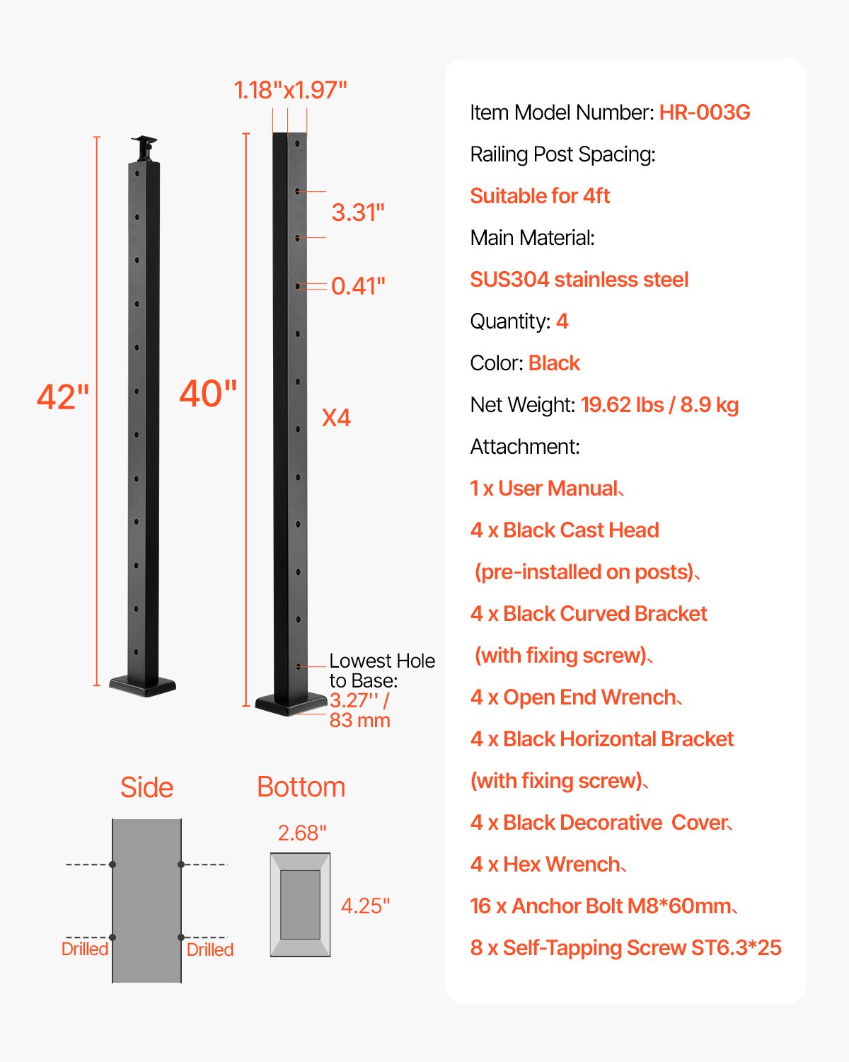 VEVOR 4-Pack Cable Railing Post, 42x1x2 In Horizontal-Hole Deck Railing Post with Pre-Drilled Holes, Stainless Steel Cable Rail Post with Horizontal and Curved Bracket, Black, 4JZLGZXHS106REP67001V0