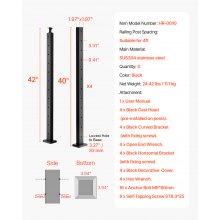 VEVOR 4-Pack Cable Railing Post, 42" x 2" x 2" Steel Horizontal Hole Deck Railing Post, 12 Pre-Drilled Holes, SUS304 Stainless Steel Cable Rail Post with Horizontal and Curved Bracket, Black