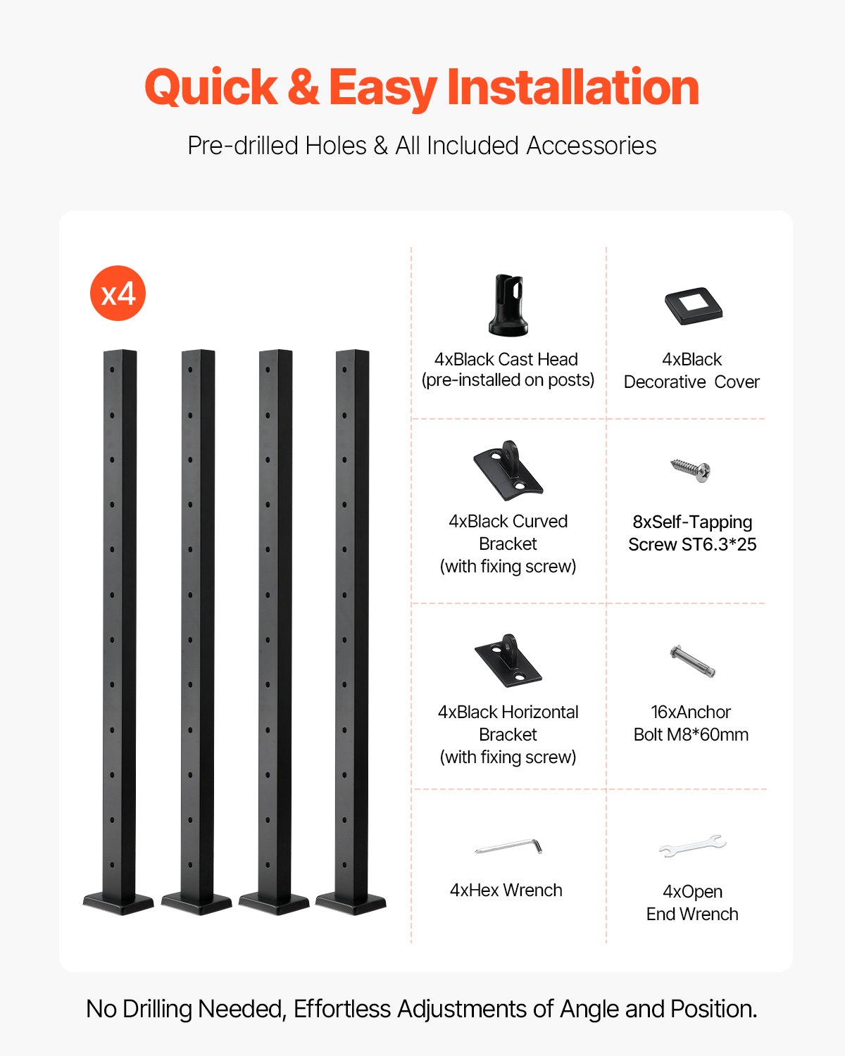 VEVOR 4-Pack Cable Railing Post,1067x50x50 mm Horizontal-Hole Deck Railing Post with Pre-Drilled Holes, Stainless Steel Cable Rail Post with Horizontal and Curved Bracket, Black, 4JZLGZXHS106URZU0001V0