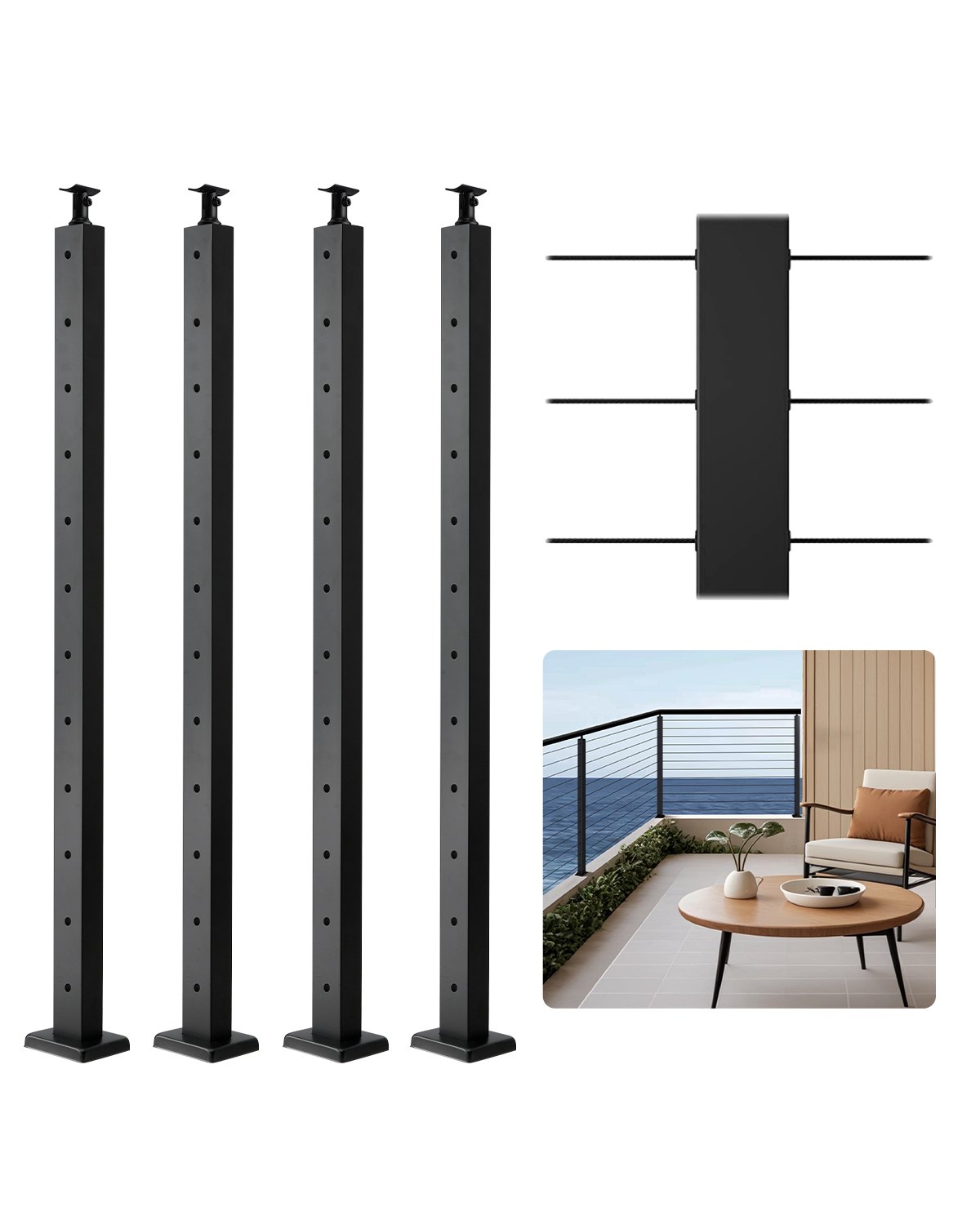 VEVOR 4-Pack Cable Railing Post,1067x50x50 mm Horizontal-Hole Deck Railing Post with Pre-Drilled Holes, Stainless Steel Cable Rail Post with Horizontal and Curved Bracket, Black, 4JZLGZXHS106URZU0001V0