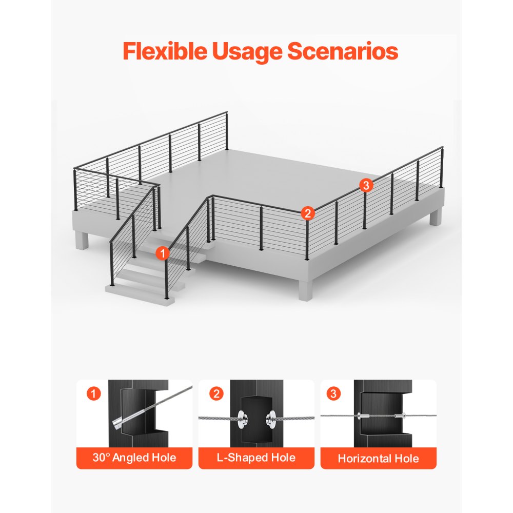 VEVOR 4-Pack Cable Railing Post, 914x50x50 mm Horizontal-Hole Deck Railing Post with Pre-Drilled Holes, Stainless Steel Cable Rail Post with Horizontal and Curved Bracket, Black, 4JZLGZXHS914MY65M001V0