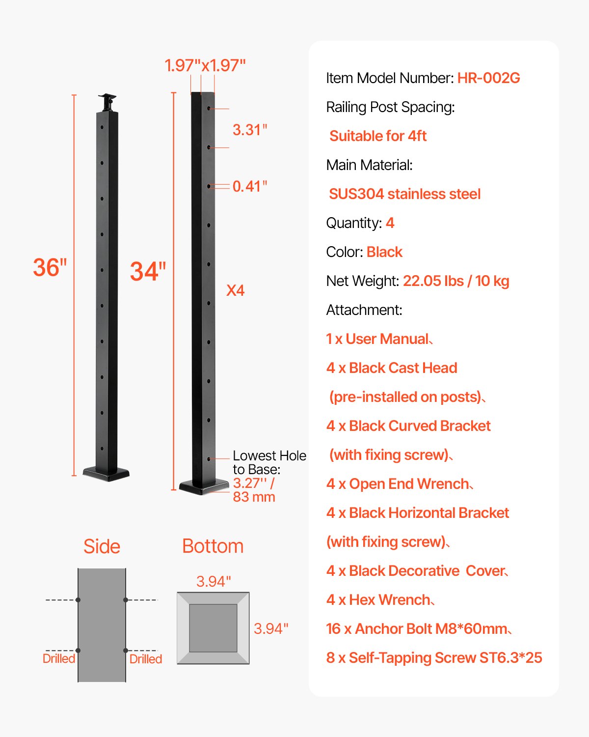 VEVOR 4-Pack Cable Railing Post, 914x50x50 mm Horizontal-Hole Deck Railing Post with Pre-Drilled Holes, Stainless Steel Cable Rail Post with Horizontal and Curved Bracket, Black, 4JZLGZXHS914MY65M001V0