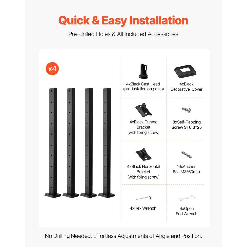VEVOR 4-Pack Cable Railing Post, 36x1x2 In Horizontal-Hole Deck Railing Post with Pre-Drilled Holes, Stainless Steel Cable Rail Post with Horizontal and Curved Bracket, Black, 4JZLGZXHS914UUOI6001V0