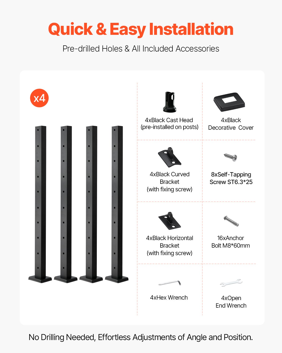 VEVOR 4-Pack Cable Railing Post, 36x1x2 In Horizontal-Hole Deck Railing Post with Pre-Drilled Holes, Stainless Steel Cable Rail Post with Horizontal and Curved Bracket, Black, 4JZLGZXHS914UUOI6001V0