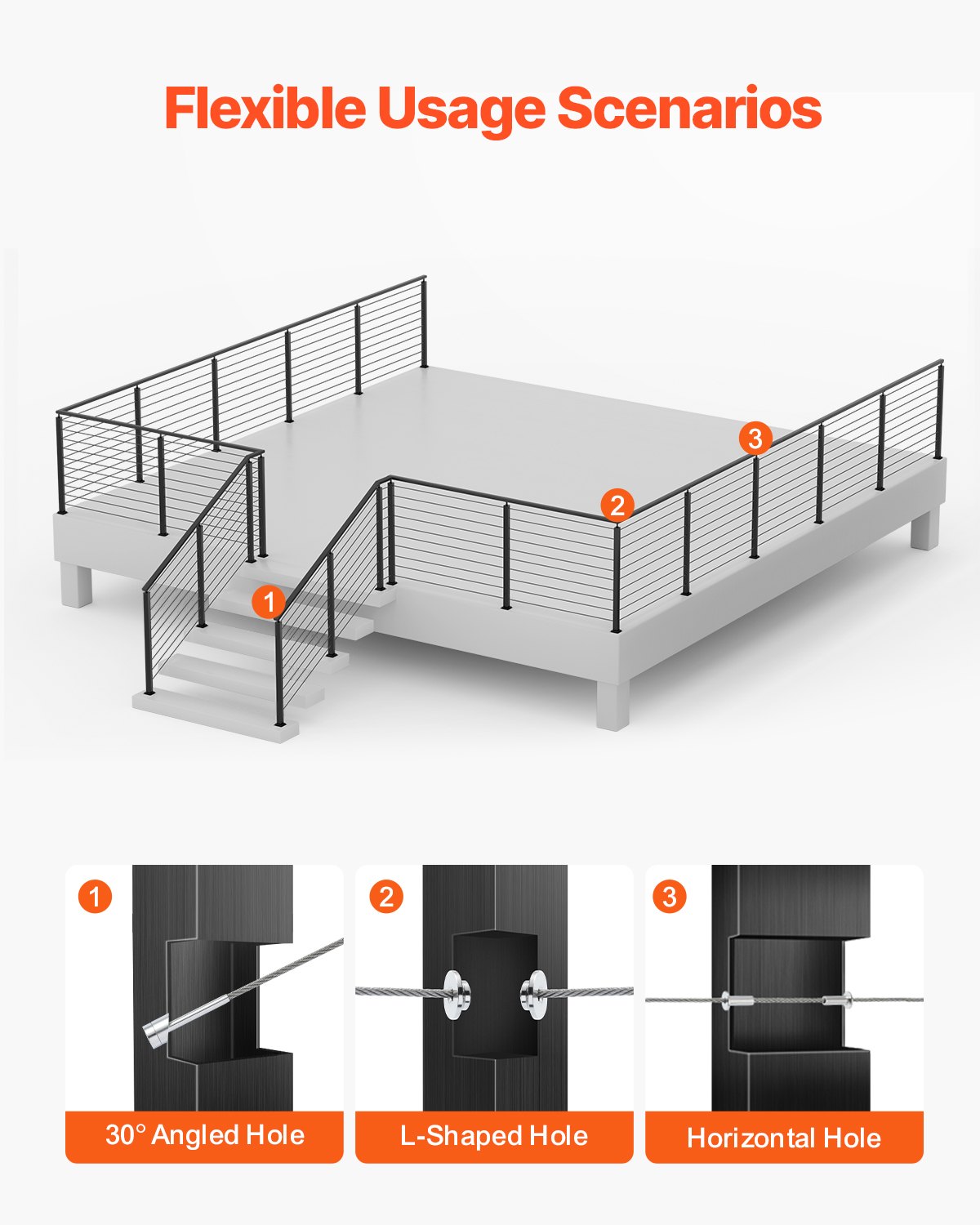 VEVOR 4-Pack Cable Railing Post, 914x25x50 mm Horizontal-Hole Deck Railing Post with Pre-Drilled Holes, Stainless Steel Cable Rail Post with Horizontal & Curved Bracket, Black, 4JZLGZXHS914UUOI6001V0