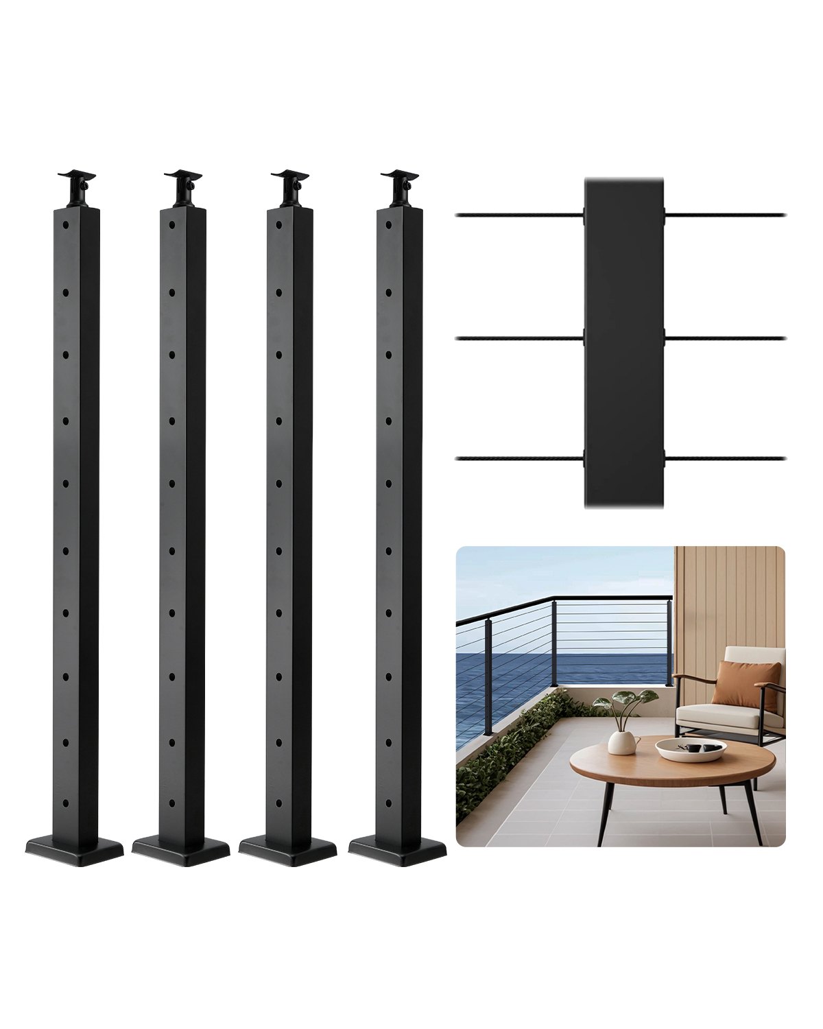 VEVOR 4-Pack Cable Railing Post, 36x1x2 In Horizontal-Hole Deck Railing Post with Pre-Drilled Holes, Stainless Steel Cable Rail Post with Horizontal and Curved Bracket, Black, 4JZLGZXHS914UUOI6001V0