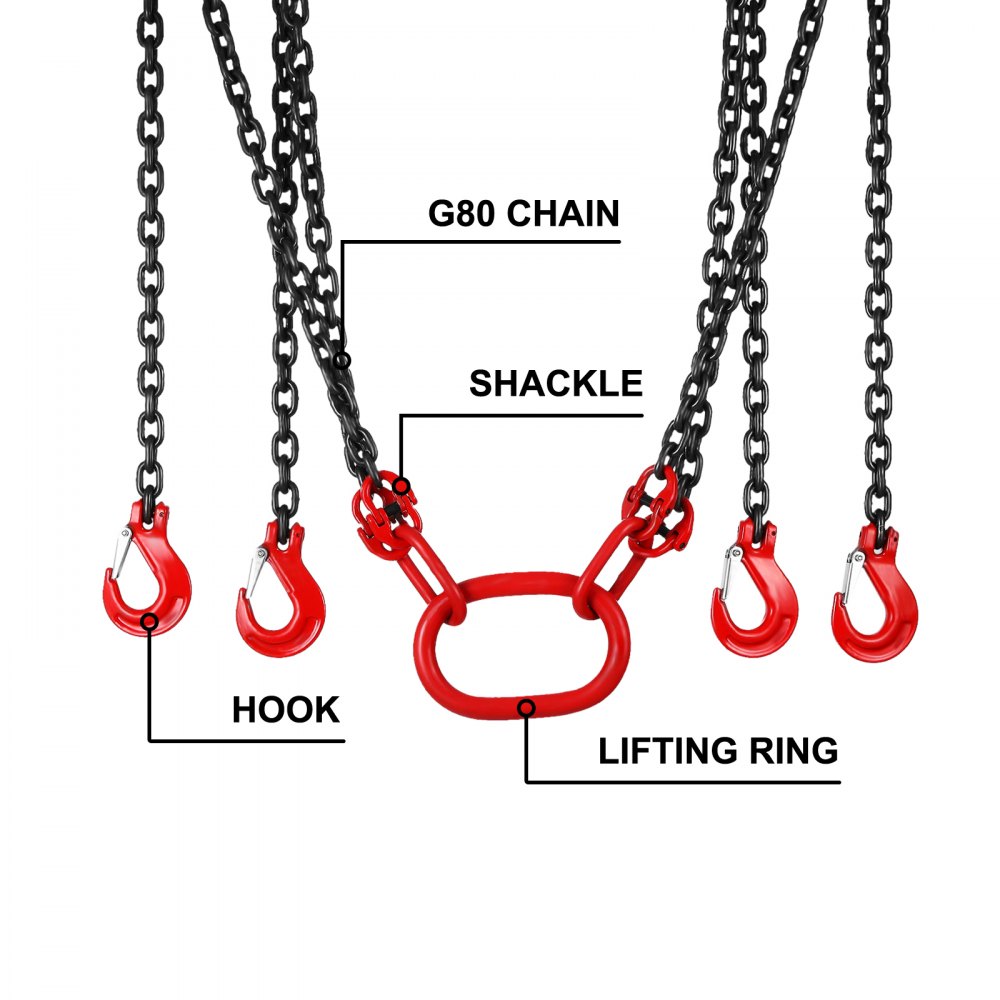 VEVOR 4M Lifting Chain Sling, 8MM Hanging Lift Chain, 5T Capacity G80 Alloy Steel Engine Chain Hoist Lifts Heavyy Duty 5 Ton with 4 Leg Grab Hooks and Adjuster