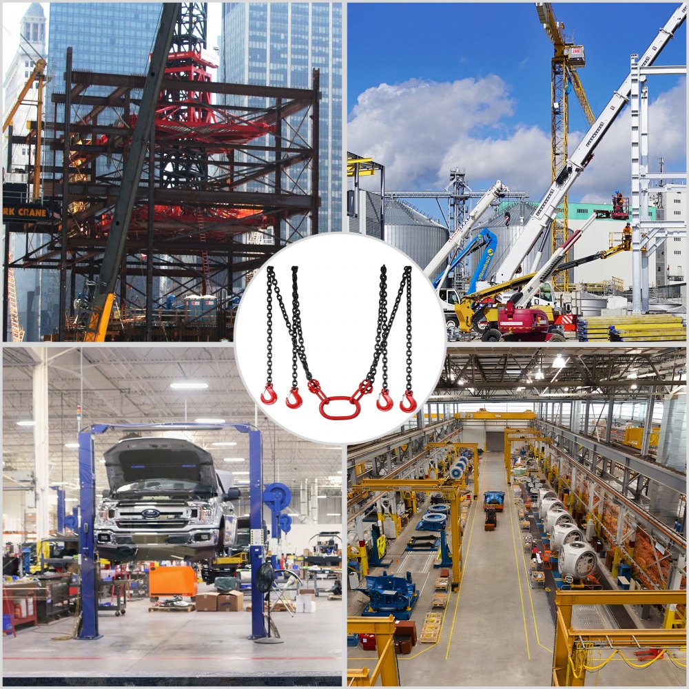 VEVOR 4M Lifting Chain Sling, 8MM Hanging Lift Chain, 5T Capacity G80 Alloy Steel Engine Chain Hoist Lifts Heavyy Duty 5 Ton with 4 Leg Grab Hooks and Adjuster