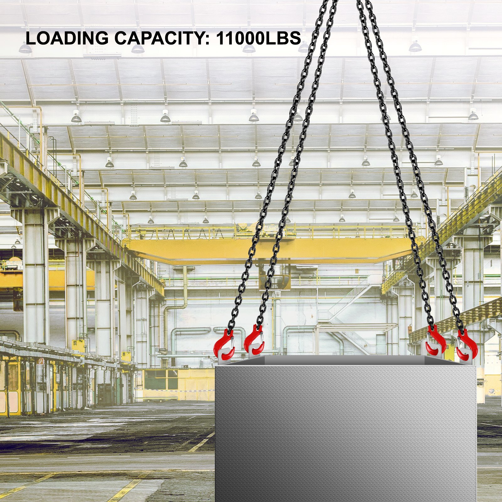 VEVOR 4M Lifting Chain Sling, 8MM Hanging Lift Chain, 5T Capacity G80 Alloy Steel Engine Chain Hoist Lifts Heavyy Duty 5 Ton with 4 Leg Grab Hooks and Adjuster