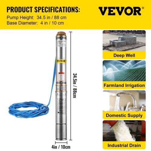 VEVOR Stainless Steel Submersible Well Pump 220V Submersible Pump for Wells 0.75KW Depth Pump Up to 74m Flow Rate 65.5 m3/h Submersible Pump with 20m Cable