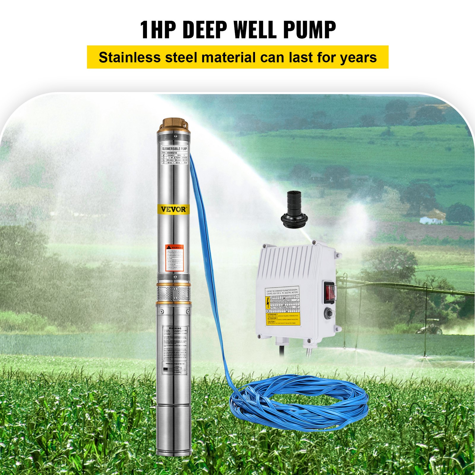 1hp 4" Stainless Steel Submersible Deep Well Electric Water Pump 74m Cable