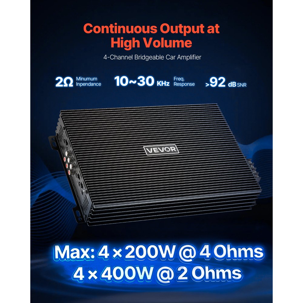 VEVOR Car Audio Amplifier, 4-Channel Bridgeable Car Amplifier, Multichannel Class AB Stereo Amp, Max. 4 x 200W at 4 Ohms / 4 x 400W at 2 Ohms, High Output, for SUVs, Pickups, and Off-Road Vehicles