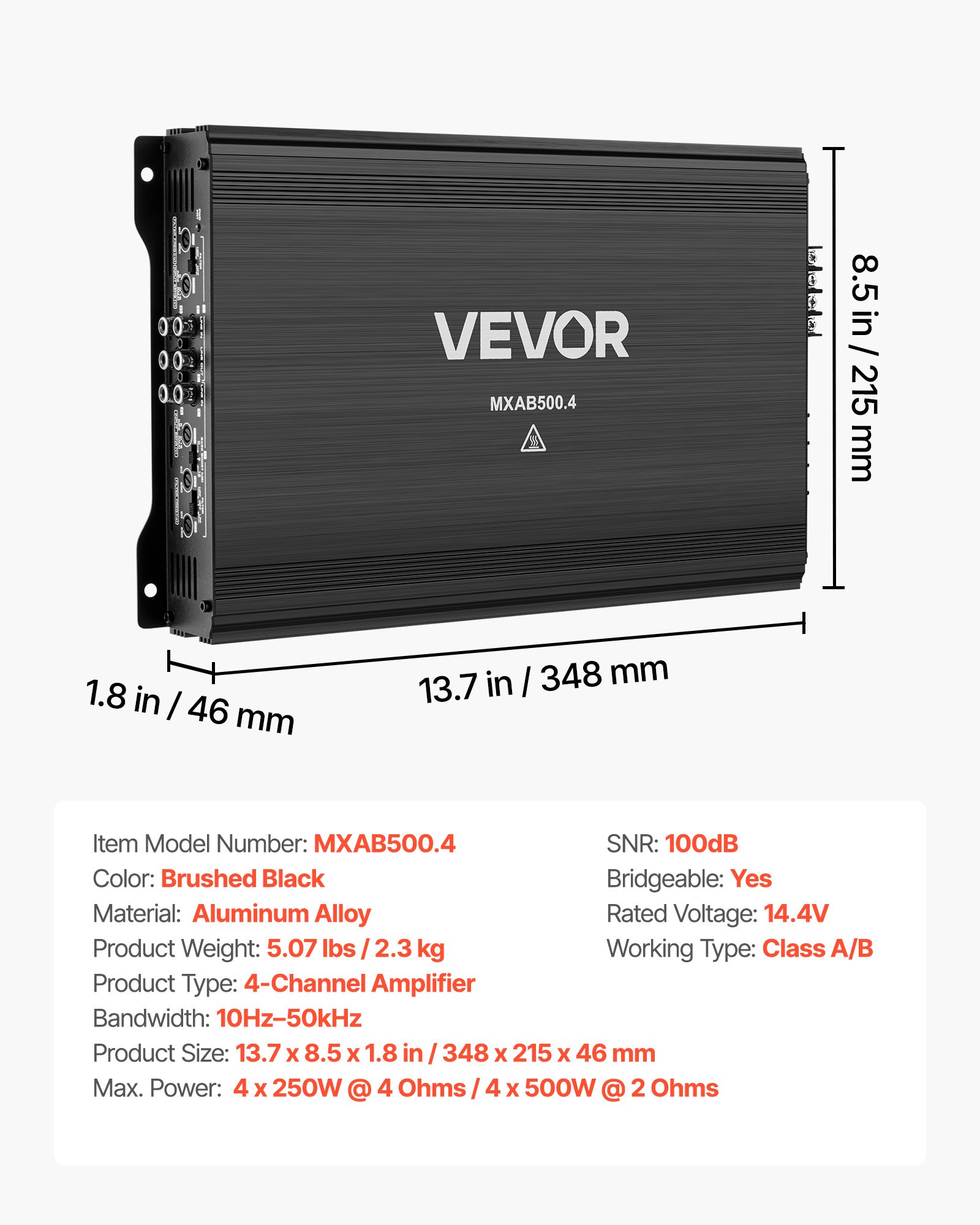 VEVOR Car Audio Amplifier, 4-Channel Bridgeable Car Amplifier, Multichannel Class AB Stereo Amp, Max. 4 x 250W at 4 Ohms / 4 x 500W at 2 Ohms, High Output, for SUVs, Pickups, and Off-Road Vehicles