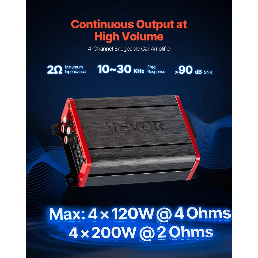 VEVOR Car Audio Amplifier, 4-Channel Bridgeable Car Amplifier, Multichannel Class D Stereo Amp, Max. 4 x 120W at 4 Ohms / 4 x 200W at 2 Ohms, High Output, for SUVs, Pickups, and Off-Road Vehicles