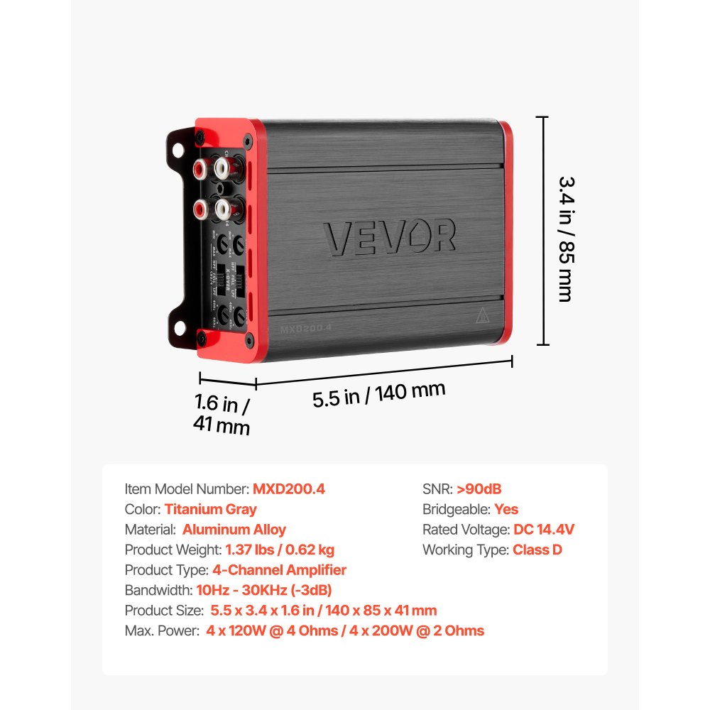 VEVOR Car Audio Amplifier, 4-Channel Bridgeable Car Amplifier, Multichannel Class D Stereo Amp, Max. 4 x 120W at 4 Ohms / 4 x 200W at 2 Ohms, High Output, for SUVs, Pickups, and Off-Road Vehicles