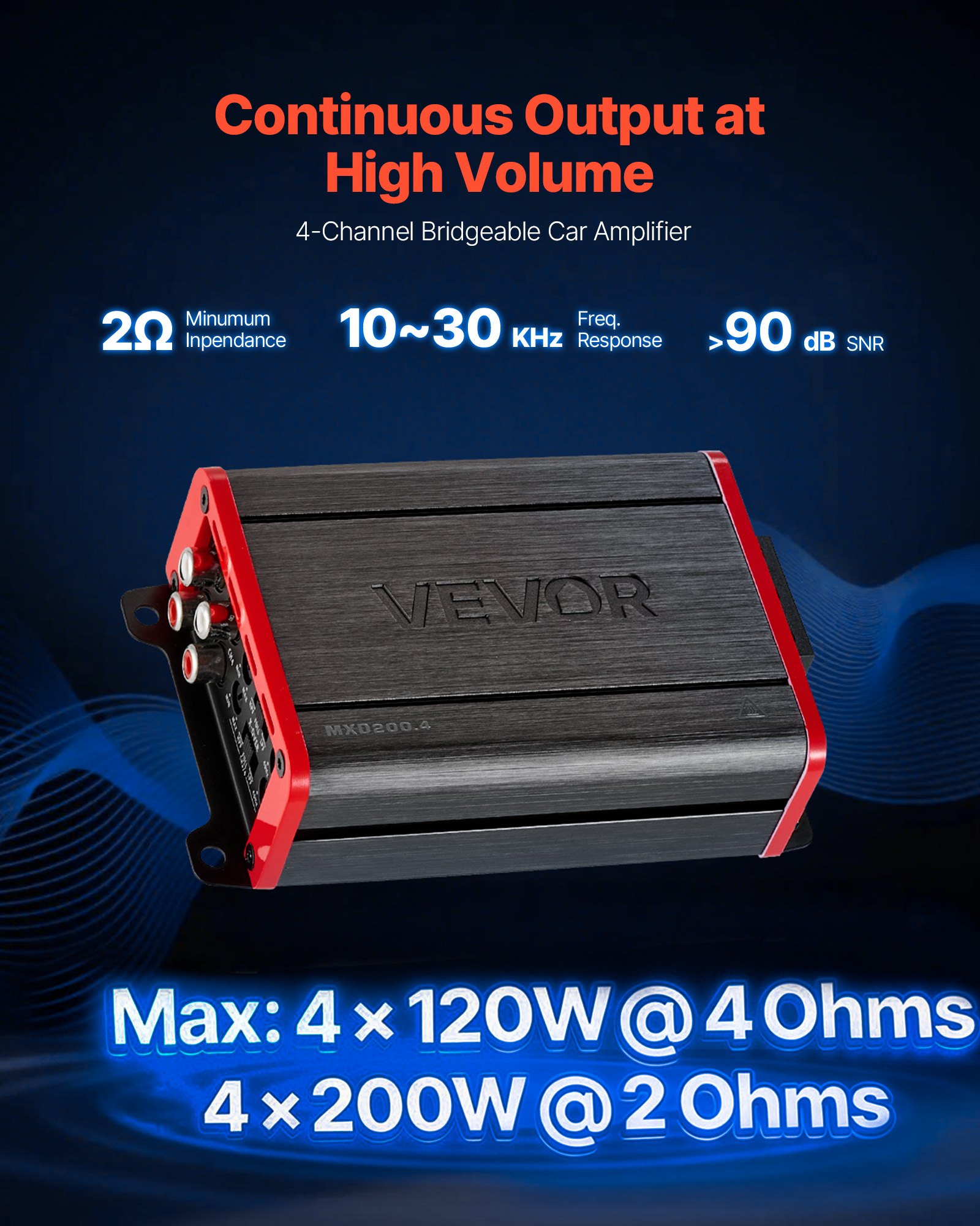 VEVOR Car Audio Amplifier, 4-Channel Bridgeable Car Amplifier, Multichannel Class D Stereo Amp, Max. 4 x 120W at 4 Ohms / 4 x 200W at 2 Ohms, High Output, for SUVs, Pickups, and Off-Road Vehicles