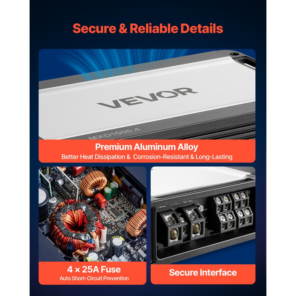VEVOR Car Audio Amplifier, 4-Channel Bridgeable Car Amplifier, Multichannel Class D Stereo Amp, Max. 4 x 500W at 4 Ohms / 4 x 1000W at 2 Ohms, High Output, for SUVs, Pickups, and Off-Road Vehicles