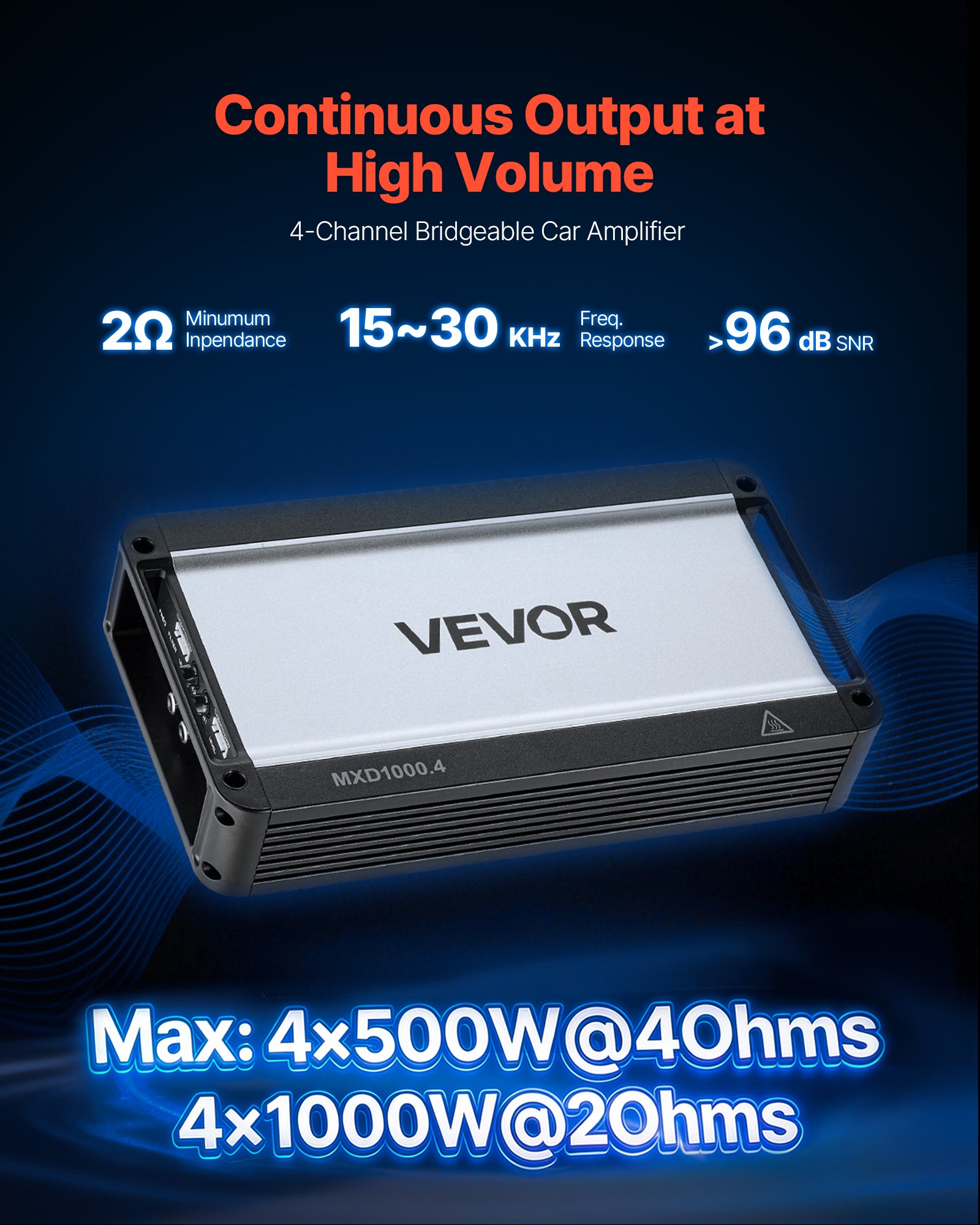 VEVOR Car Audio Amplifier, 4-Channel Bridgeable Car Amplifier, Multichannel Class D Stereo Amp, Max. 4 x 500W at 4 Ohms / 4 x 1000W at 2 Ohms, High Output, for SUVs, Pickups, and Off-Road Vehicles