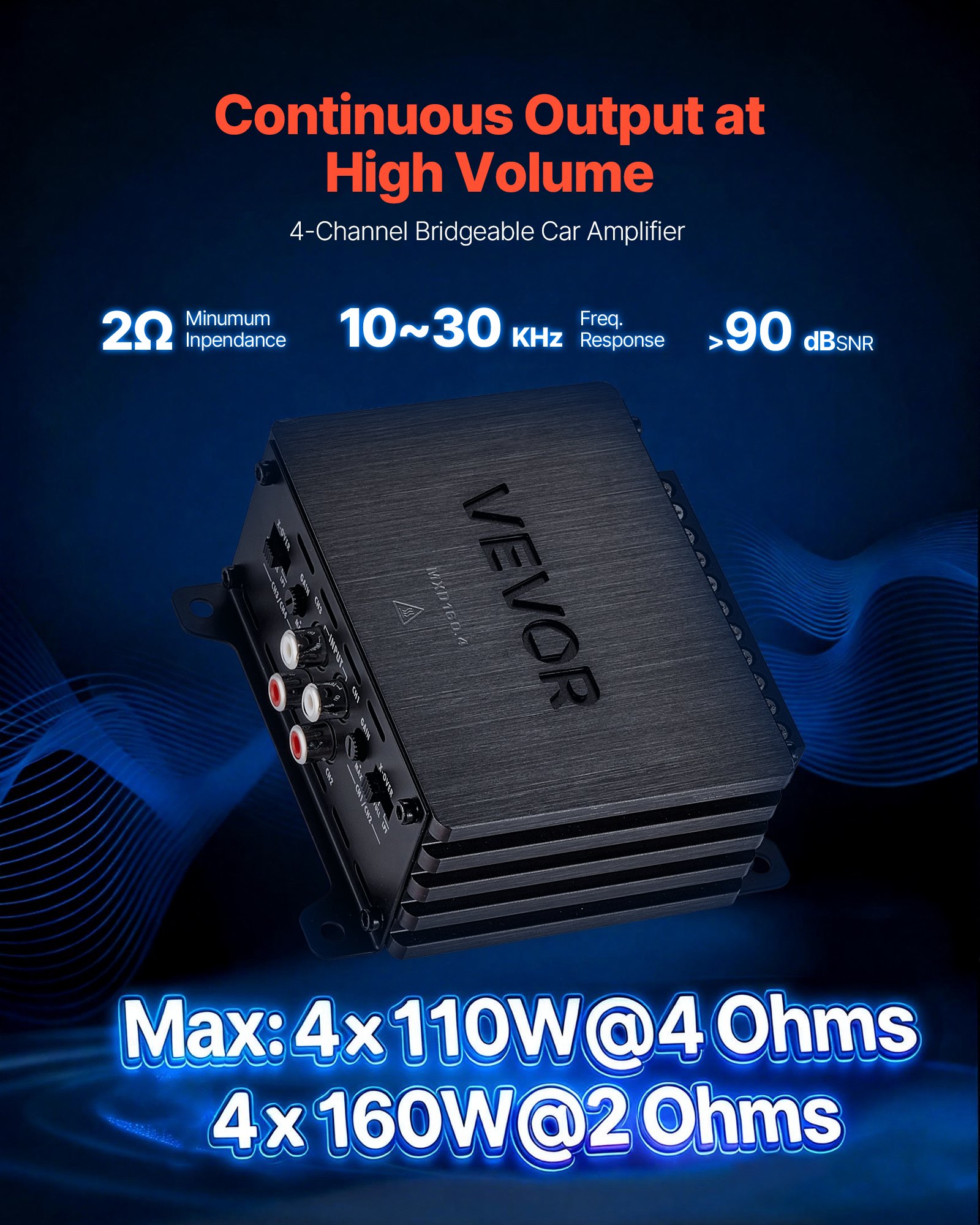 VEVOR Car Audio Amplifier, 4-Channel Bridgeable Car Amplifier, Multichannel Class D Stereo Amp, Max. 4 x 110W at 4 Ohms / 4 x 160W at 2 Ohms, High Output, for SUVs, Pickups, and Off-Road Vehicles