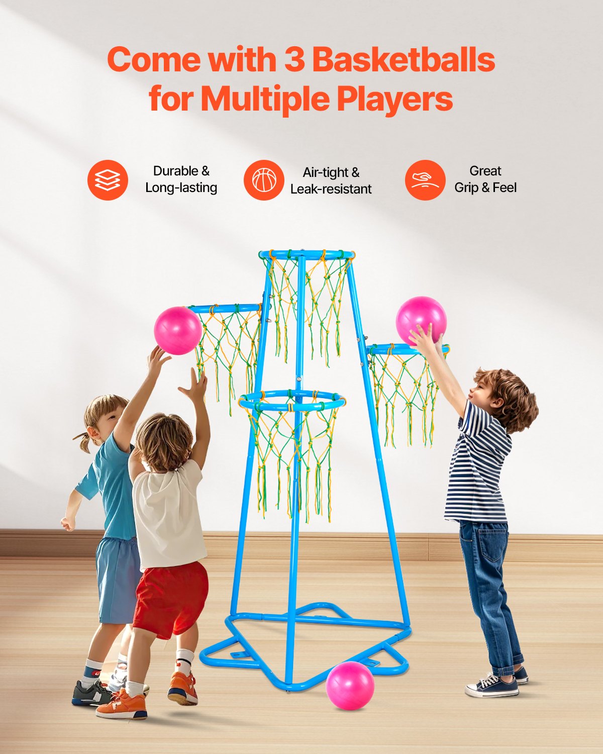 VEVOR Kids Basketball Hoop, 4-Hoop Child Basketball Hoops, Portable Basketball Stand with Adjustable Heights and 3 Balls, Indoor and Outdoor Basketball Toy Set for Children of All Ages, Boys & Girls