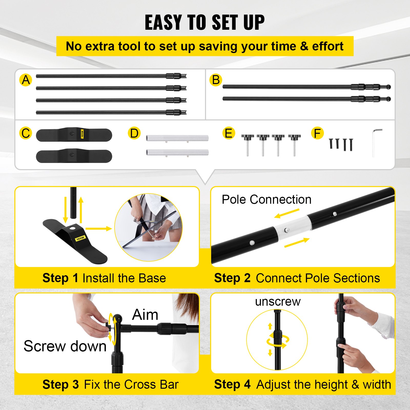 VEVOR 2.44m Display Backdrop Banner Stand Adjustable Telescopic Lightweight Trade Show Wall Exhibitor x 4 PACK