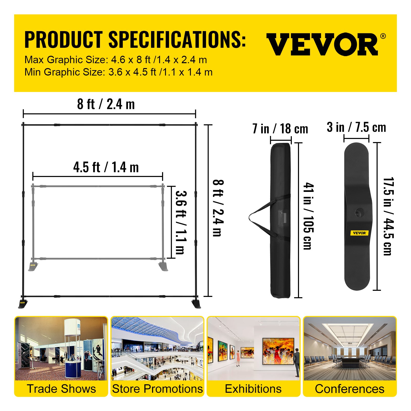 VEVOR 2.44m Display Backdrop Banner Stand Adjustable Telescopic Lightweight Trade Show Wall Exhibitor x 4 PACK
