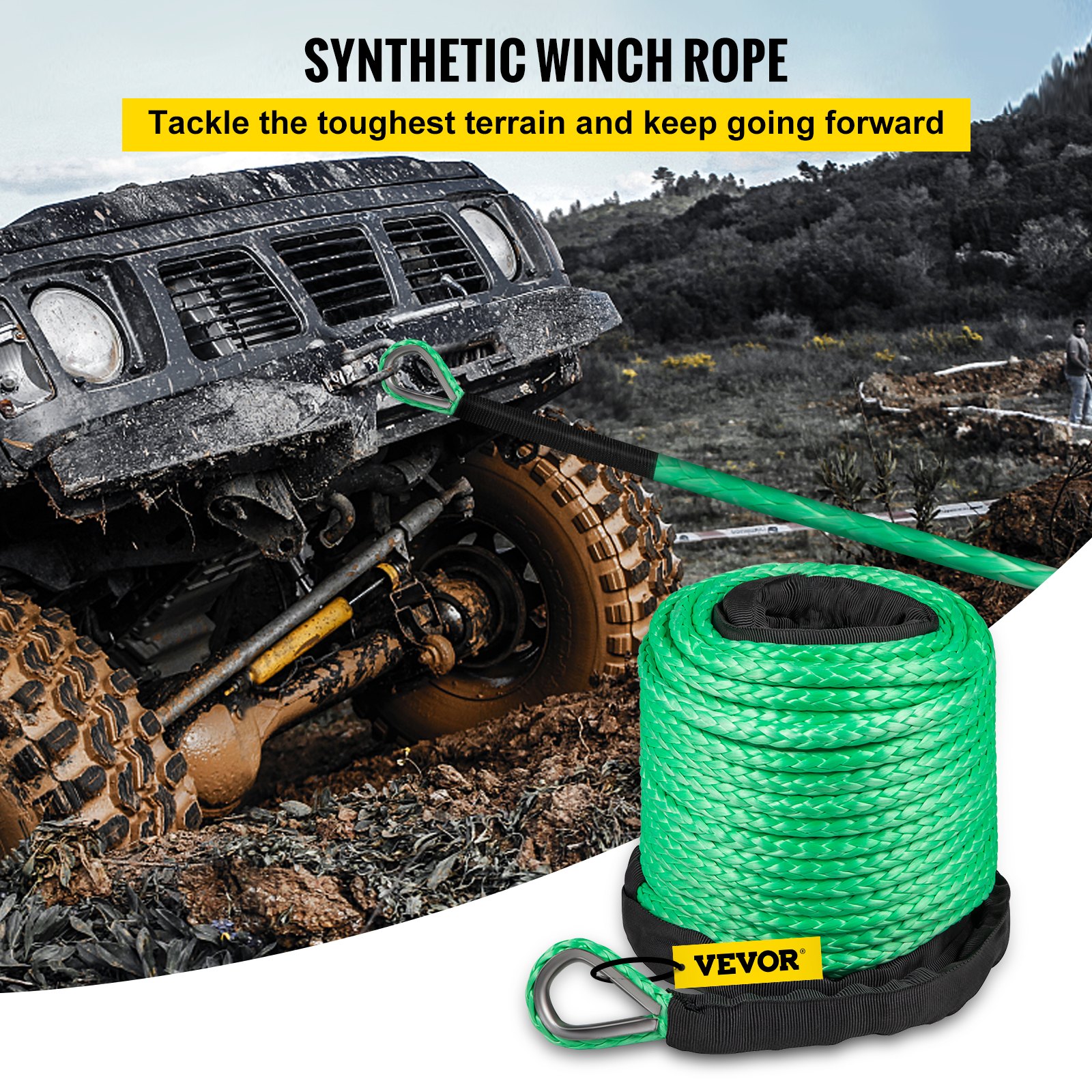 VEVOR Green Synthetic Winch Line 5/16 Inch X100FT Synthetic Winch Rope 12000 LBS Tow Rope for Car with Sheath (100ft)