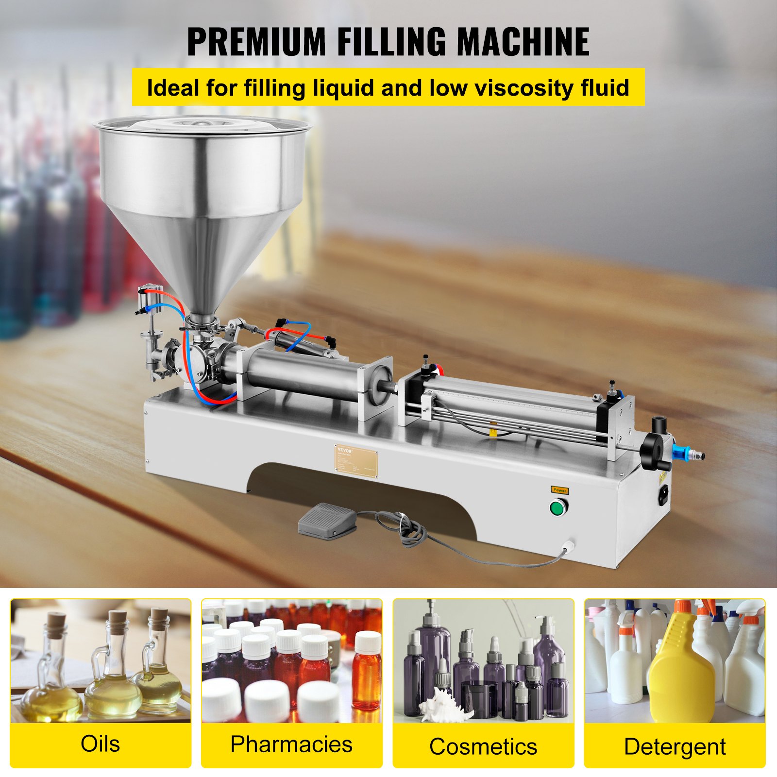 VEVOR Pneumatic Liquid Paste Filling Machine 50-500ML Volume, Horizontal Cream Filling Machine with 30L Hopper, Pneumatic liquid Filling Machine for Water Oil Cream etc