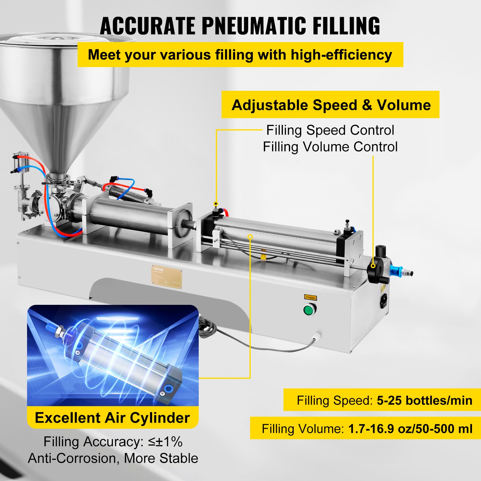 VEVOR Pneumatic Liquid Paste Filling Machine 50-500ML Volume, Horizontal Cream Filling Machine with 30L Hopper, Pneumatic liquid Filling Machine for Water Oil Cream etc