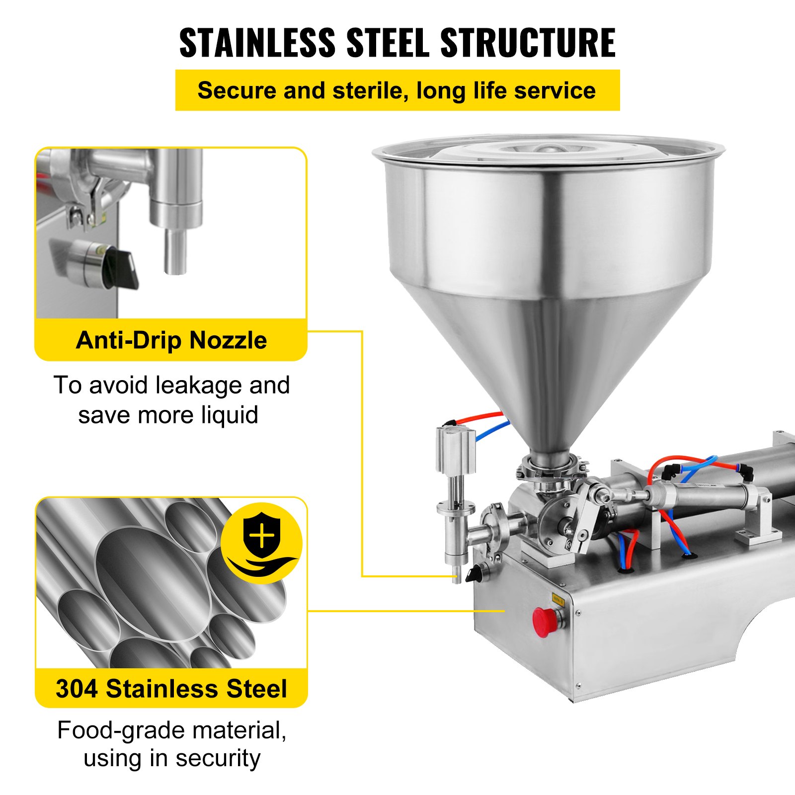 VEVOR Pneumatic Liquid Paste Filling Machine 50-500ML Volume, Horizontal Cream Filling Machine with 30L Hopper, Pneumatic liquid Filling Machine for Water Oil Cream etc