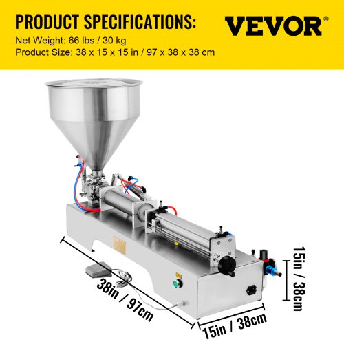 VEVOR Horizontal Pneumatic Liquid Paste Filling Machine 50-500ML Volume, Cream Filling Machine 30L Hopper, Pneumatic Paste Filling Machine for Liquid and Paste