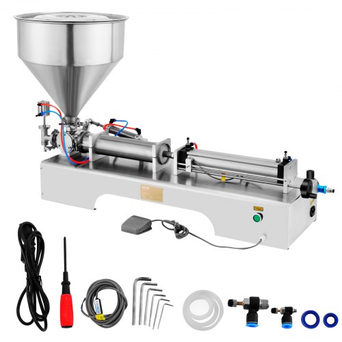 VEVOR Horizontal Pneumatic Liquid Paste Filling Machine 50-500ML Volume, Cream Filling Machine 30L Hopper, Pneumatic Paste Filling Machine for Liquid and Paste