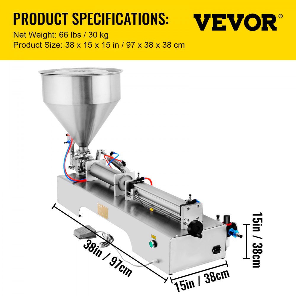 VEVOR Horizontal Pneumatic Liquid Paste Filling Machine 50-500ML Volume, Cream Filling Machine 30L Hopper, Pneumatic Paste Filling Machine for Liquid and Paste