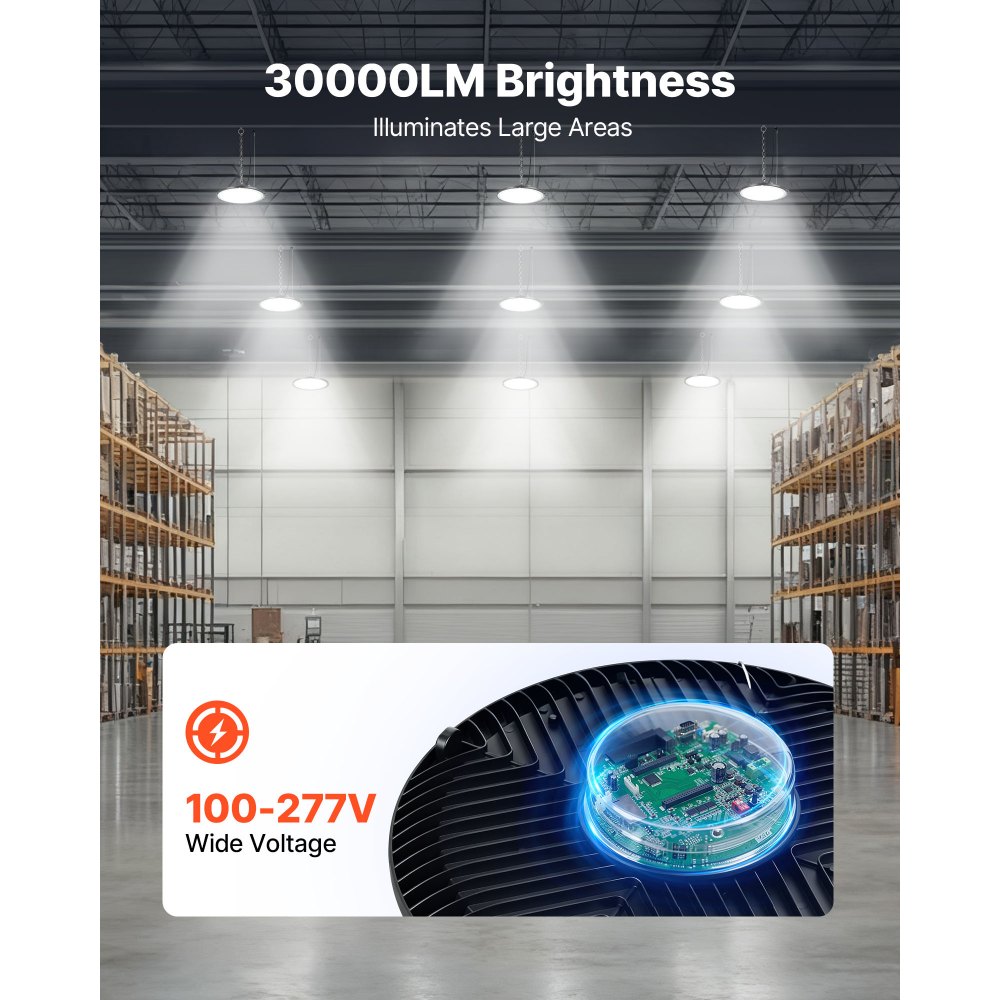 VEVOR 10 Pack LED High Bay Lights, 5000K 200W 30000LM Super Bright UFO LED Warehouse Shop Lights, IP65 Waterproof, 100-277V Wide Voltage for Warehouse Workshop Factory Gym Garage Barn, Black
